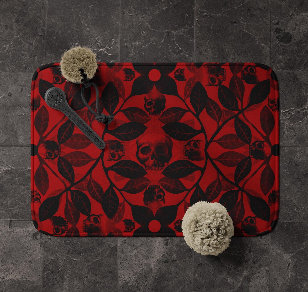 Blood Bath Rug Gothic Watercolor Bath Mat, Spooky Skull Botanical Bones Blood Red ...