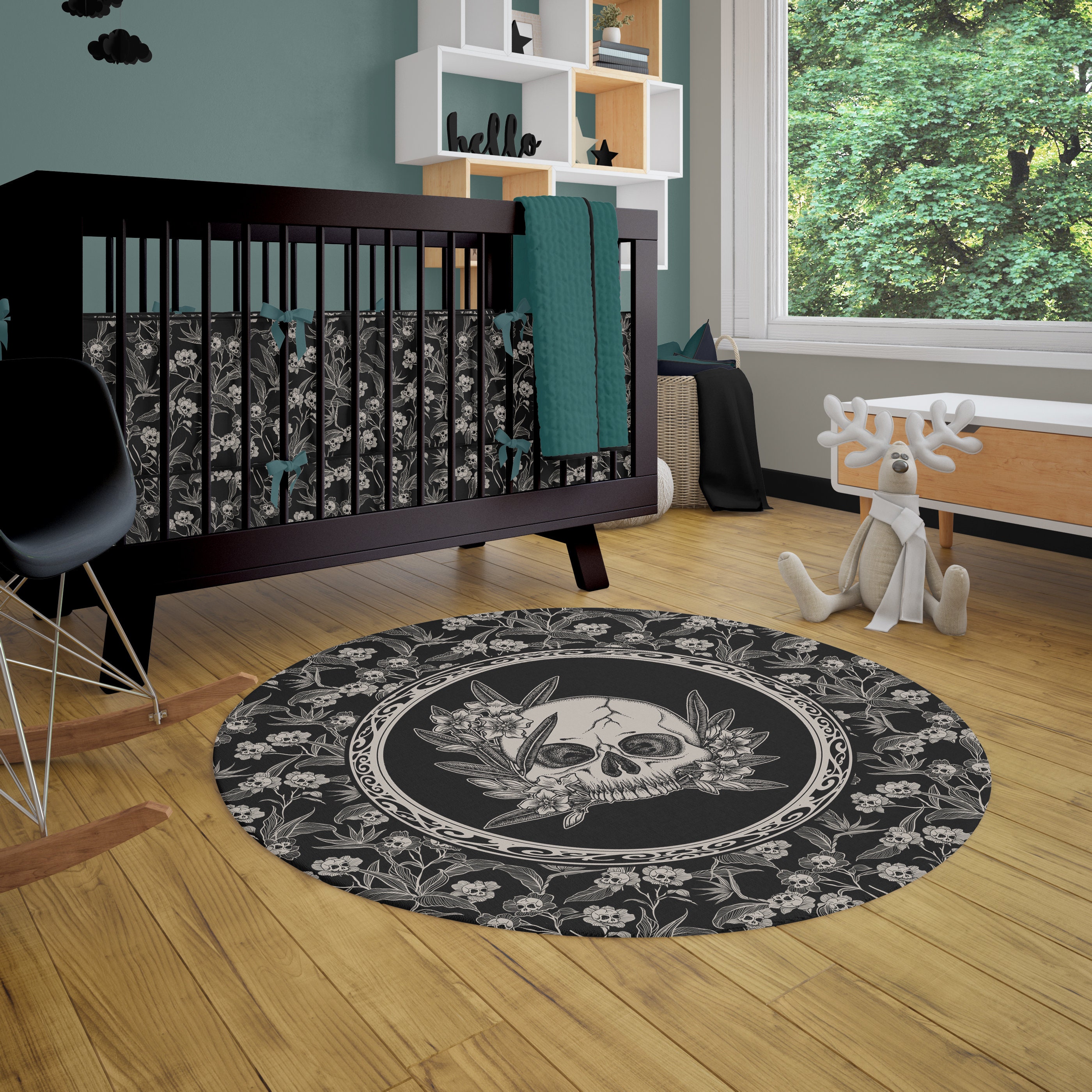 ゴシックフローラルスカルラグ - 60 x 60インチラウンドアクセント