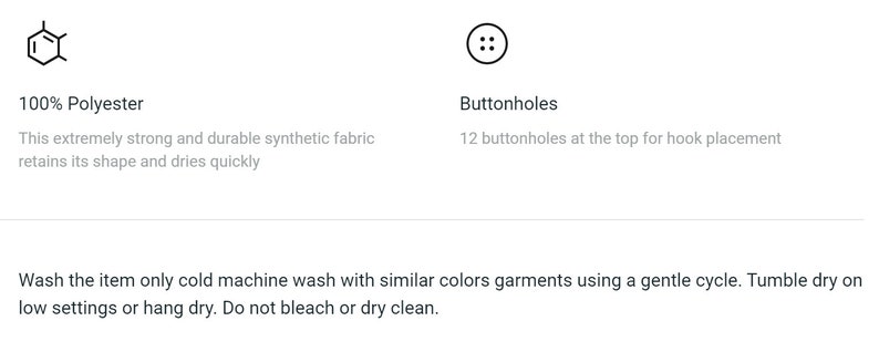 Op de afbeelding: 100% polyester stof, extreem sterk en duurzaam, behoudt zijn vorm en droogt snel. 12 knoopsgaten bovenaan voor het bevestigen van de haak. Was het item alleen koud in de machine met kleding van vergelijkbare kleuren met een zachte cyclus. Droog het in de droger op een lage stand of hang het te drogen. Niet bleken of chemisch reinigen.