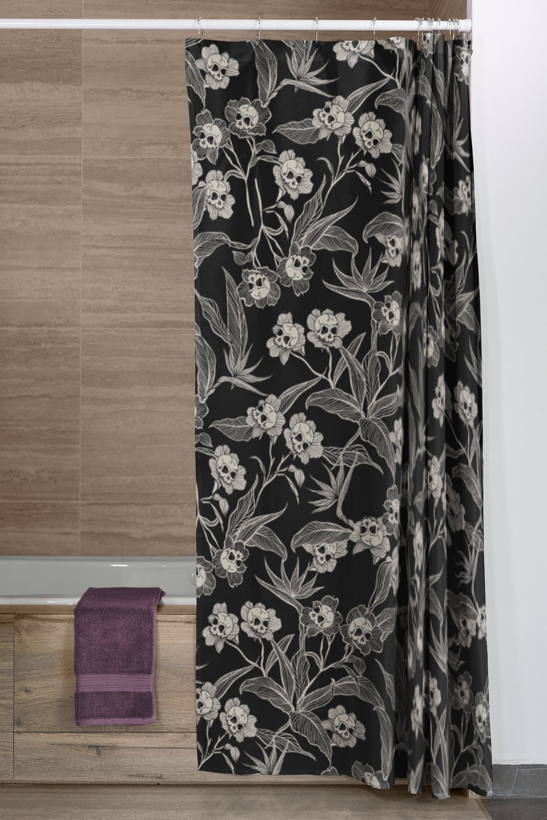 Goth Floral Shower Curtain, Spooky skull flower bath curtain, Gothic tiki bathroom decor,Witchy botanical bones home accent,Deadly beautiful image 7