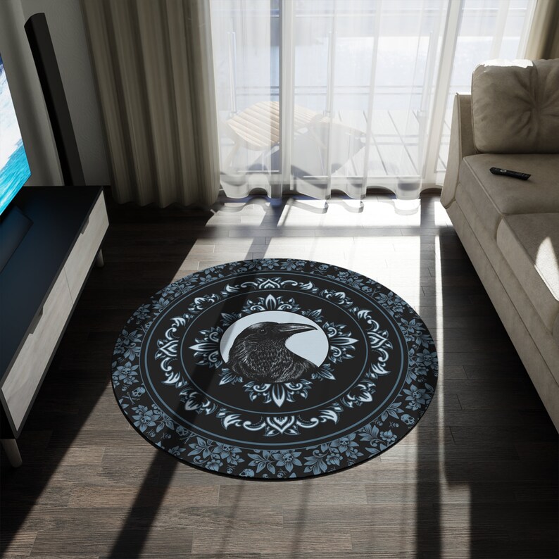 Round Gothic Raven Rug, Black & Blue Witchy Crowcore Decorative Accent ...