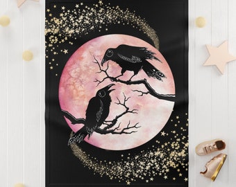 Raven Baby Blanket, Goth moon & bird nursery decor, Witchy occult crow toddler fleece bedding, Gothic celestial star raven baby shower gift