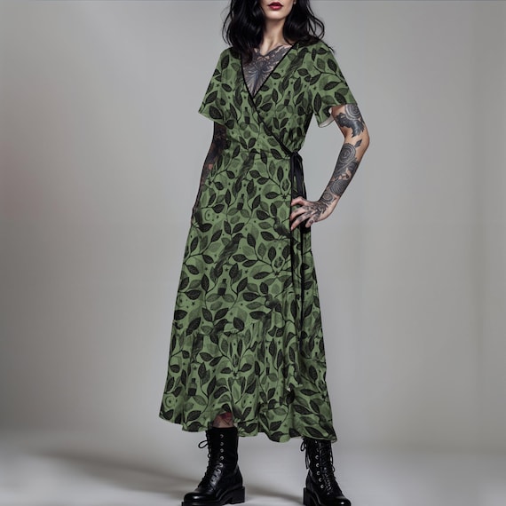 Green Raven Wrap Dress, Witchy Botanical Casual Maxi-Dress w/ Occult Crow Print, Dark Gothic Summer Fashion Gift for XS to Plus Sized Witch