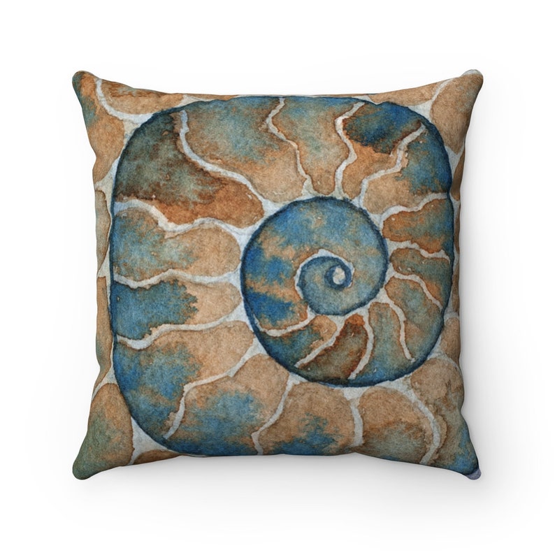 May include: A square throw pillow with a watercolor design of a nautilus shell in shades of blue, brown, and beige.