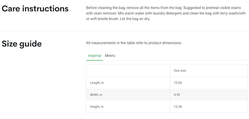 Peut inclure: Tableau des tailles indiquant les dimensions d'un sac en pouces. Le sac est de taille unique et mesure 10,83 pouces de longueur, 4,92 pouces de largeur et 13,58 pouces de hauteur.