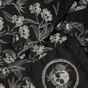 Gothic Floral Satin Pajamas. Elegantly Spooky Skull Flower Print Long Sleeve Sleepwear. Silky Cozy Fall Gift for Witchy Dark Academia Mother