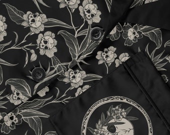 Gothic Floral Satin Pajamas. Elegantly Spooky Skull Flower Print Long Sleeve Sleepwear. Silky Cozy Fall Gift for Witchy Dark Academia Mother