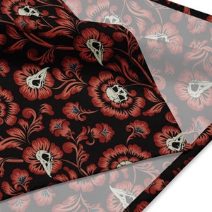 Victorian Skull bandana, versatile red goth floral cloth for use as witchy headscarf, tarot wrap, dog collar, hankie, pocket square or scarf