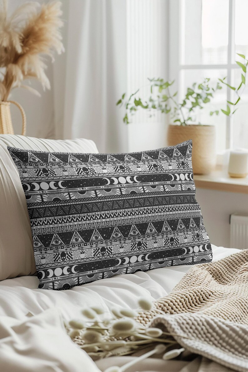 Boho Goth Cotton Bedding, Witchy tribal striped duvet cover or pillowcase in black & white, esoteric bedroom accent for occult home decor image 4