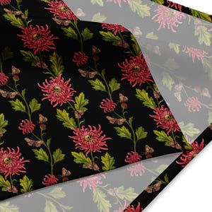Floral Skull Bandana, Versatile Gothic Chrysanthemum Moth Cloth in for Witchy Headscarf, Macabre Tarot Wrap, Cottagecore Dog Collar or Scarf