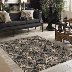 Damask Bones Rug, Macabre Victorian Goth Skull indoor / outdoor area carpet in black & tan. A spooky accent to witchy living room home decor