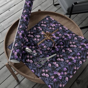 Pastel Goth Gift Wrap, Spooky yet elegant macabre floral craft or wrapping paper w/ pale pink & purple deadly beautiful skull flowers image 6
