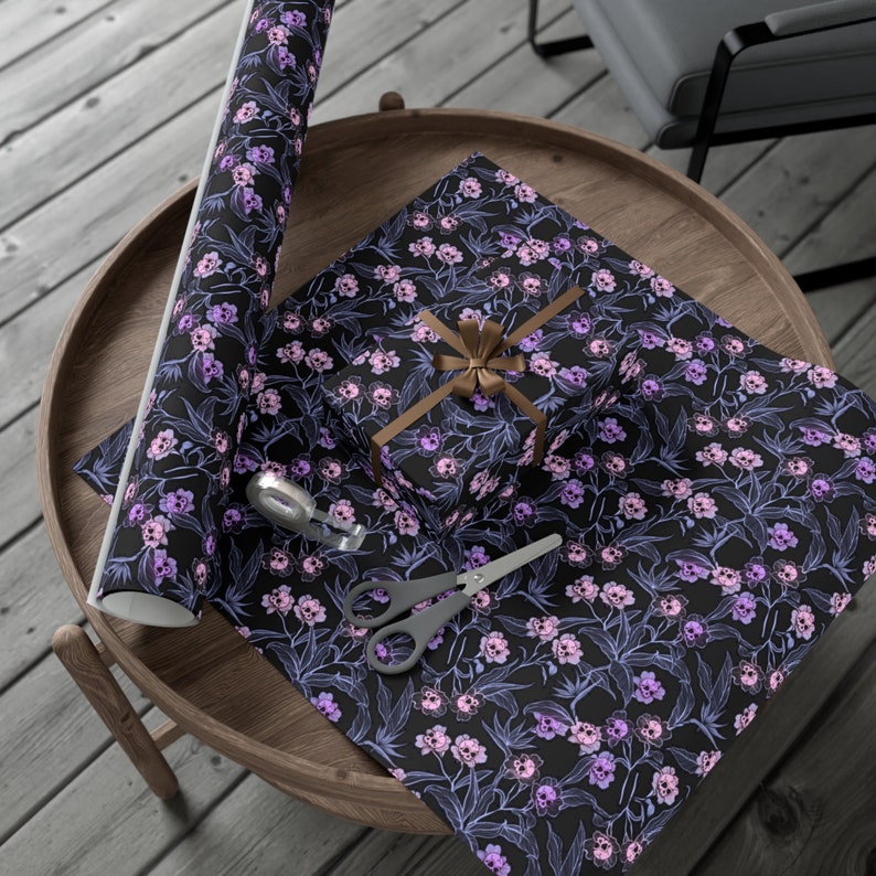 Pastel Goth Gift Wrap, Spooky yet elegant macabre floral craft or wrapping paper w/ pale pink & purple deadly beautiful skull flowers image 6