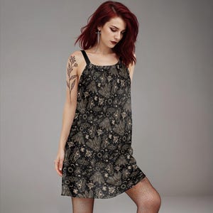 Witchy Cicada Cotton Dress, Whimsigoth Celestial O-ring Cami Sundress w/ Occult Moth Print, Dark A-line Goth Summer Fashion Gift for Witch