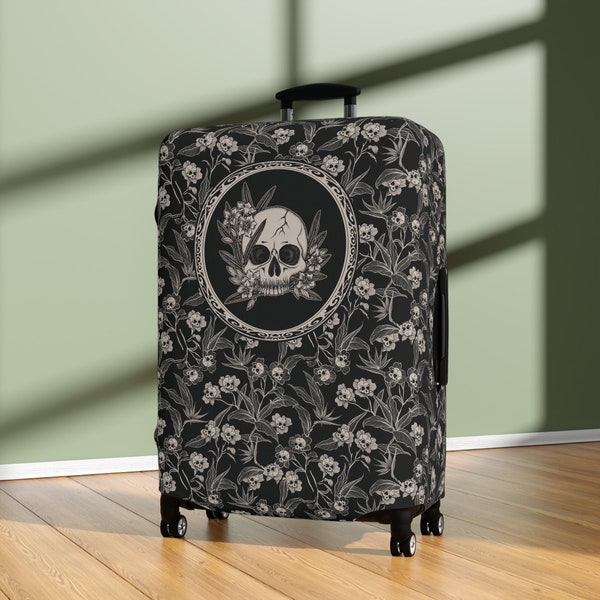 Gothic Floral Luggage Cover, Spooky Personalized Stretchy Suitcase Protector with Elegant Skull Flowers. A Custom Dark Academia Gift for Her