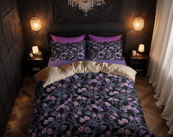 Pastel goth floral Duvet Cover bedding set, Spooky tiki skull flowers pillowcase, Pink botanical bedroom decor, Gothic purple home accent