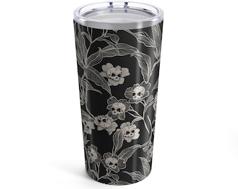 Gothic Floral Tumbler, 20oz macabre botanical skull flower insulated travel mug. Personalized spooky tiki gift for goth witchy coffee lover