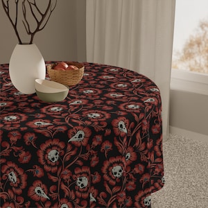 Gothic Victorian Tablecloth, Red baroque damask floral skull dark cottagecore dining table cover, Macabre kitchen witch home decor accent