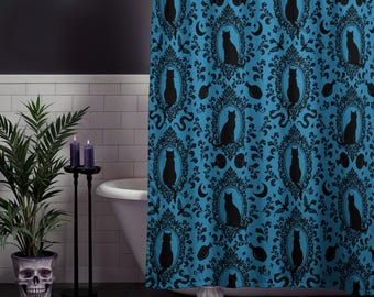 Barocker Katzen Duschvorhang, Gothic Kitty Cameo Badezimmer Dekor in Schwarz & Türkis, launischer maximalistischer Akzent für ein witchy viktorianisches Vibe