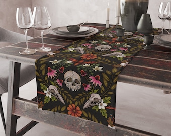 Dark Cottagecore Table Runner - Whimsical Witchy Print of Skulls & Flowers - Enchanted Forest Kitchen and Home Decor - Cotton or Poly Fabric