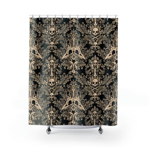 Damask Bones douchegordijn, macabere Victoriaanse Goth Skull badgordijn voor donker badkamermotief. Een spookachtig occult accent in een gotisch interieur afbeelding 5