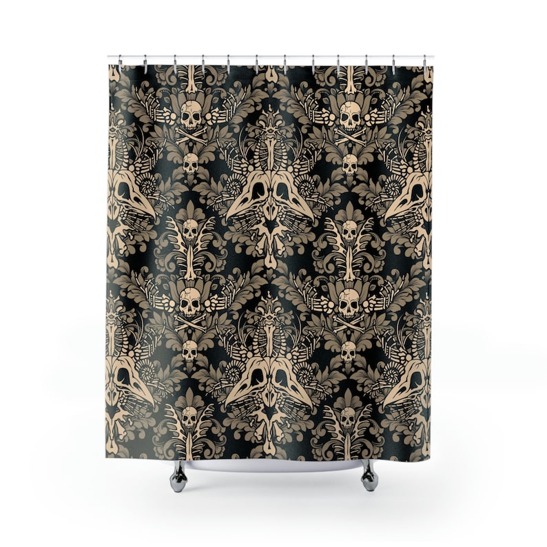Damask Bones douchegordijn, macabere Victoriaanse Goth Skull badgordijn voor donker badkamermotief. Een spookachtig occult accent in een gotisch interieur afbeelding 5