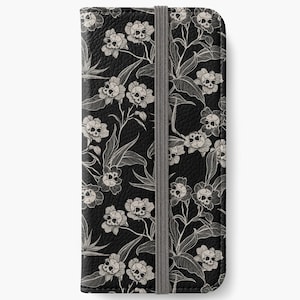 Cartera para teléfono con diseño floral gótico, funda tipo libro con tapa de cuero vegano espeluznante y adorable en color negro, accesorio tecnológico de estilo cottagecore oscuro, equipo de protección
