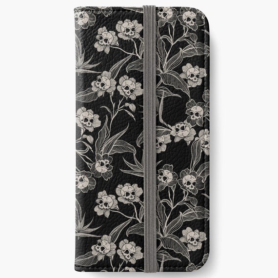 Gothic Floral Phone Wallet, Spooky Cute Vegan Leather Flip Folio Smartphone Case in Black, Dark Cottagecore Tech Accessory Protective Gear