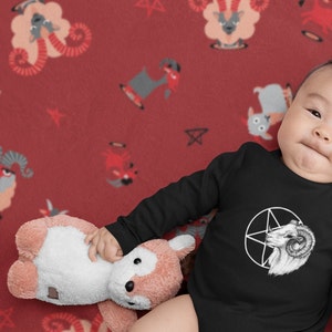 Goat Crib Sheets. Cute gothic pentagram baby bedding. Satanic infant cot sheet. Red sheep occult halloween baby shower gift. Baphomet kids