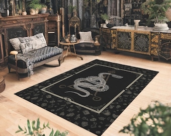 Occult Snake Rug, Witchy Serpent Skeleton Outdoor Area Carpet w esoteric gothic witch pattern & satanic symbols. A magick home decor doormat
