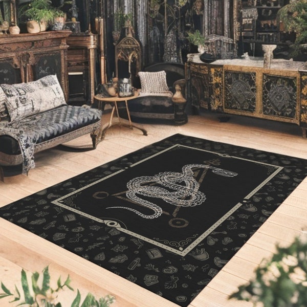 Occult Snake Rug, Witchy Serpent Skeleton Outdoor Area Carpet w esoteric gothic witch pattern & satanic symbols. A magick home decor doormat