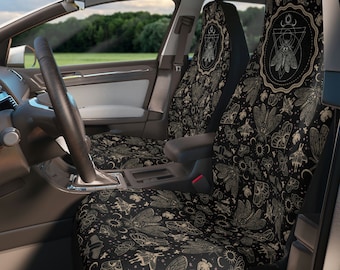 Witchy Cicada Car Seat Covers w/ Esoteric Occult-Inspired Print - Gothic Moth, Moon, Star, & Scarab Beetle - Universal Fit for All Vehicles
