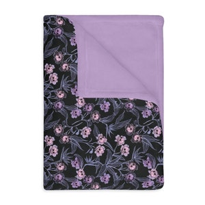 Pastel goth blanket w/ purple, pink & blue skull flowers and soft lilac minky back. A spooky nursery decor gift for the witchy gothic mom image 9