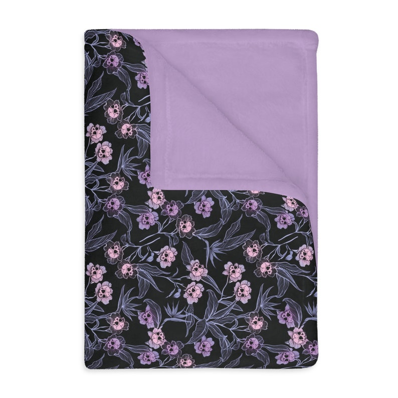 Pastel goth blanket w/ purple, pink & blue skull flowers and soft lilac minky back. A spooky nursery decor gift for the witchy gothic mom image 9