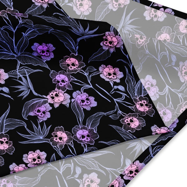 Pastel Goth Bandana | Macabre Floral Skull Headscarf or Fashion Accessory | Spooky Pink & Purple Pet Collar or Colorful Witchy Tarot Wrap