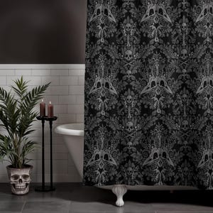 Macabre Victorian Shower Curtain, Damask Bones Goth Skull bath curtain for dark bathroom motif. A spooky occult accent to gothic home decor