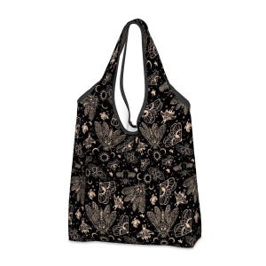 Witchy Cicada Shopping Tote, Occult Moth Folding Reusable Grocery Bag w/ Gothic Vibes in Black, Dark Whimsigoth Esoteric Gift for Goth Mom image 1