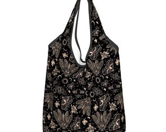 Witchy Cicada Shopping Tote, Occult Moth Folding Reusable Grocery Bag w/ Gothic Vibes in Black, Dark Whimsigoth Esoteric Gift for Goth Mom