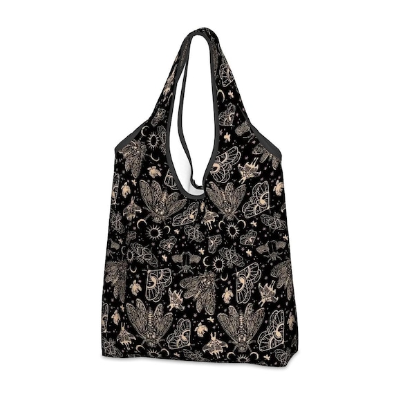 Witchy Cicada Shopping Tote, Occult Moth Folding Reusable Grocery Bag w/ Gothic Vibes in Black, Dark Whimsigoth Esoteric Gift for Goth Mom