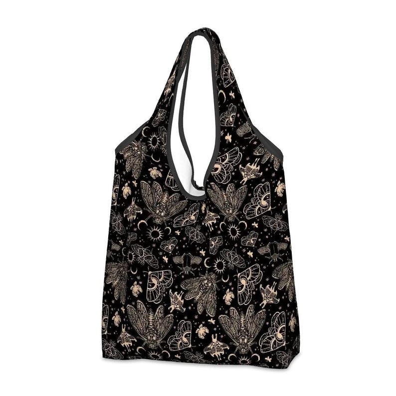 Witchy Cicada Shopping Tote, Occult Moth Folding Reusable Grocery Bag w/ Gothic Vibes in Black, Dark Whimsigoth Esoteric Gift for Goth Mom image 1