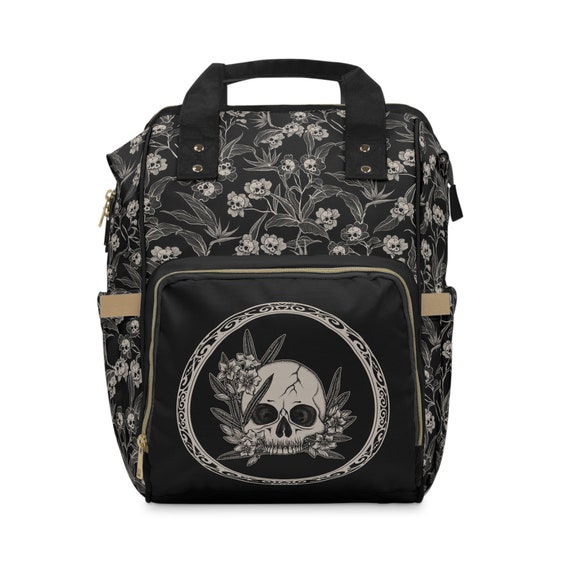 Floral Skull Mid size Backpack/DiaperBag Floral Skull Diaper Bag, Gothic Flowers Nappy Backpack  main image 2