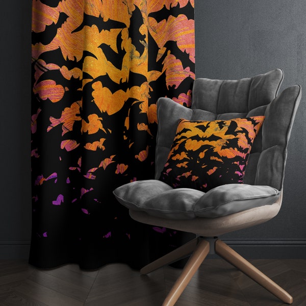 Rideau chauve-souris d'Halloween, suspension pour fenêtre avec ambiances d'automne au coucher du soleil, avec des chauves-souris gothiques sorcières volantes sur une aquarelle orange pour une touche de décoration sombre