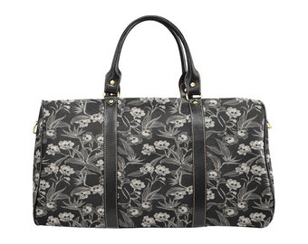Gothic Floral Travel Bag - Waterproof & Stylish w/ Black Spooky Skull Flower print, Perfect for Witchy Dark Cottagecore Overnight Adventures