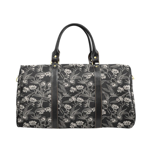 Gothic Floral Travel Bag - Waterproof & Stylish w/ Black Spooky Skull Flower print, Perfect for Witchy Dark Cottagecore Overnight Adventures