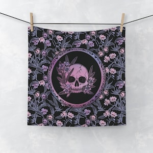 Pastel Goth Hand or Bath Towel, Spooky Cute Pink & Black Floral Skull Beach or Body Towels for a Colorful Whimsigoth Bathroom Decor Accent