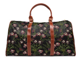 Gothic Floral Travel Bag - Waterproof & Stylish w/ a Colorful Spooky Skull Flower print, Perfect for Dark Cottagecore Overnight Adventures!