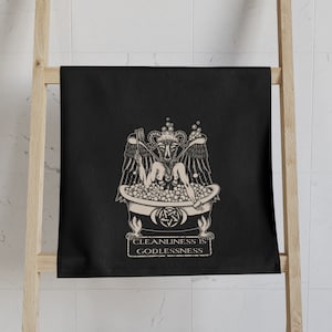 Funny Occult Towel, Bathomet &quot;Cleanliness is Godlessness&quot; bath beach or hand towels w/ satanic Baphomet pun. Dark goth humor bathroom decor