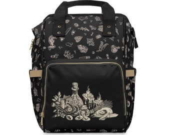 Witchy Diaper Bag, Goth witchcraft nappy backpack, Occult black magick newborn accessories, Spooky academia little bat mama baby shower gift