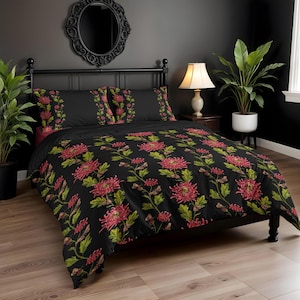 Floral Skull Bedding Set, Moody Dark Cottagecore 3-Piece Duvet Cover + Pillowcases w/ Witchy Gothic Garden Motif, Black Moth Bedroom Decor