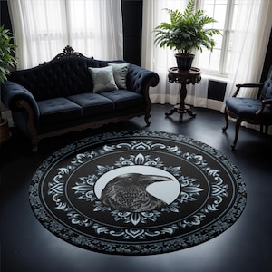 Round Gothic Raven Rug, Black & Blue Witchy Crowcore Decorative Accent ...